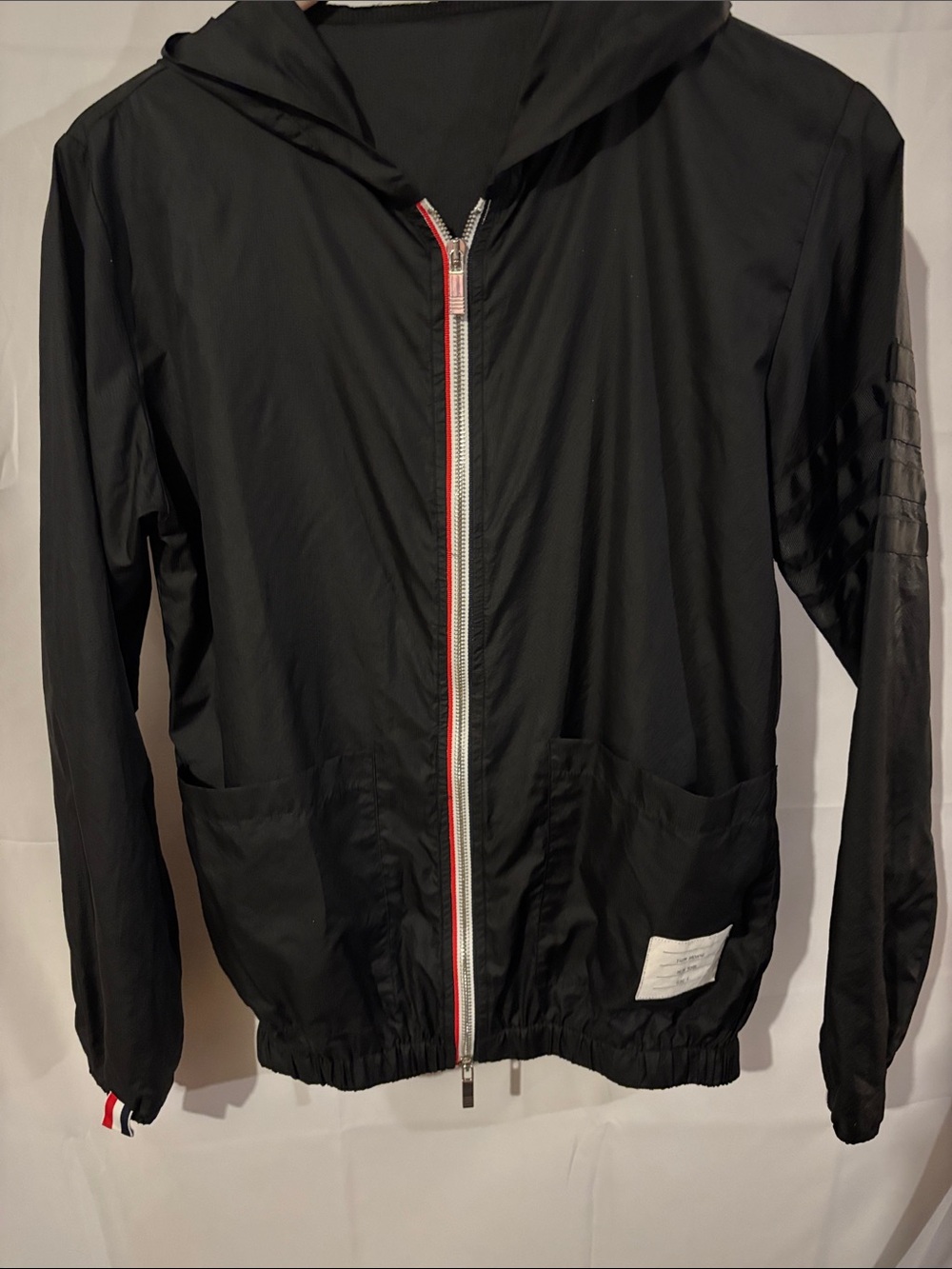 Thom Browne Black Hooded Jacket with Red-Trim Zipper